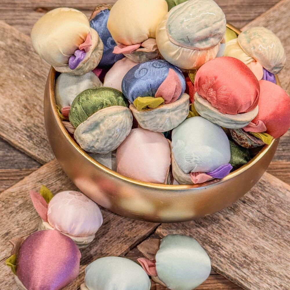 Vintage Handcrafted Ceramic & Fabric Faux Walnuts Set of 35 Pastel Bowl